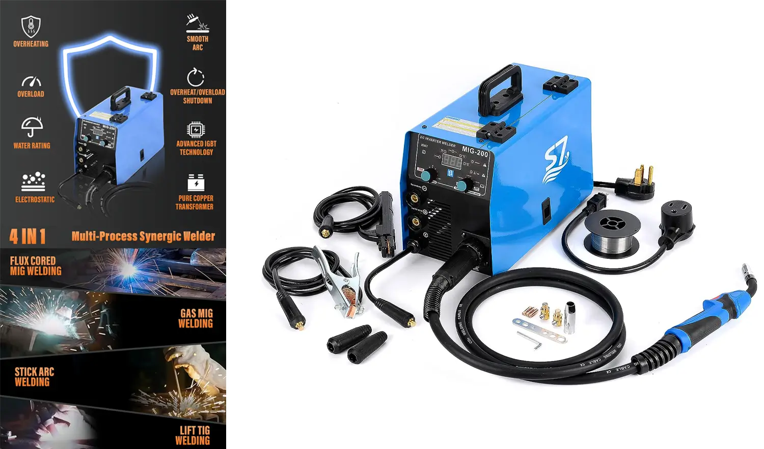 S7 200Amp MIG Welder - 4 in 1 Multiprocess Welding Machine for Gas Gasless Welding