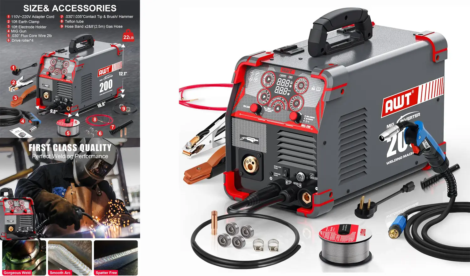 AWT MIG Welder, 200Amp 8 in 1 Gas