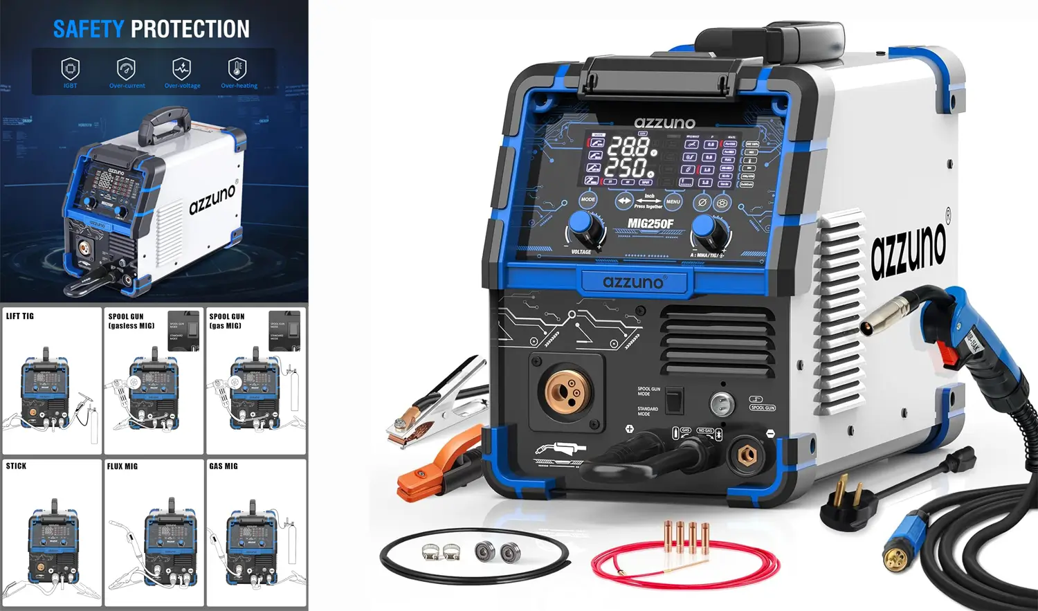 AZZUNO Aluminum 250Amp MIG Welder,6 in 1 Gas