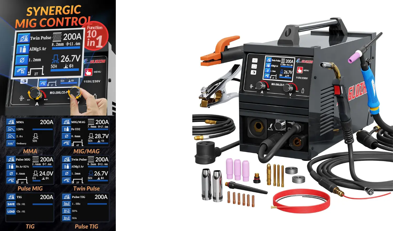 GZ GUOZHI Aluminum MIG Welder, 200A 10 in 1